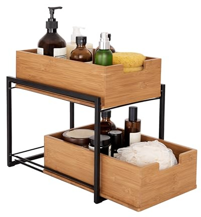 Seville Classics Bamboo Premium Organizer Storage Bins for Kitchen Silverware, Pantry, Closet, Office Desk, Pens, Utensils, Makeup, K Cup, Bamboo, 2-Tier Bin Set, Black