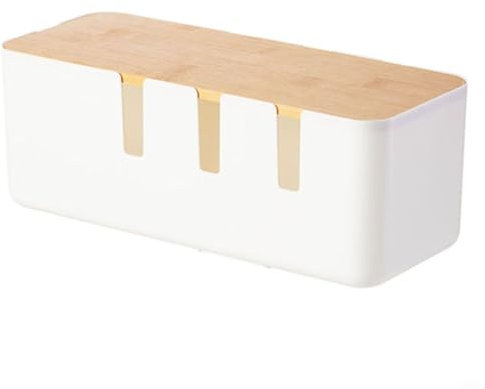 Entgoinggo Kabelmanagementbox, Kabelbox mit Holzdeckel, ABS-Organizer, Aufbewahrung, kindersicher, Wärmeableitungsschlitze, 30,4 x 12,3 x 11,6 cm, Weiß