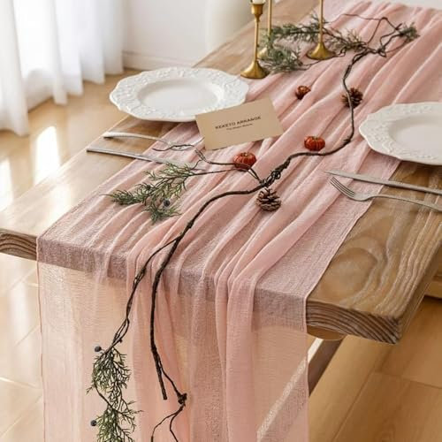 FOLAI Boho Tischläufer aus Käsetuch Table Runner Table Cloth – Rustikale Hochzeitstischdeko für Brautdusche, Geburtstag & Feiern (90x300cm) – Öko-Baumwolle & Wiederverwendbar（ Rosa ）