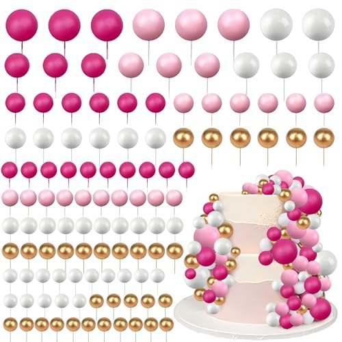 108 Stück Tortendeko Kugeln Cake Topper, DIY Mini Ballon Cupcake Einsatz, Kuchen Dekoration Kugel Schaum Ballon für Hochzeit Babyparty Geburtstag Torte Dekorieren (Rosa Pink Weiß Gold)