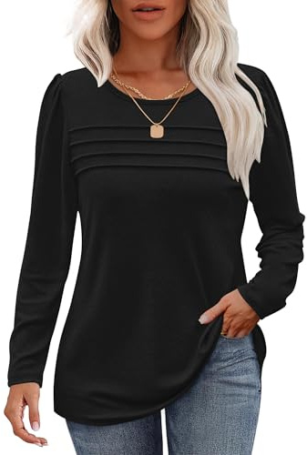 WNEEDU Damen Langarmshirt Rundhals Lässige Lose Pullover Damen Trendy Falten Sweatshirt Herbst Winter Puli Oberteile Bluse Tunika Tops Schwarz L