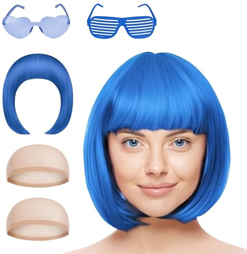 Kurze Bob Perücke Perücke 5er Set, Kurzhaarperücke Pagenkopf für Damen & Herren, Bunte Perücken Haarteile Cosplay mit 2 x Haarnetz & 2 Sonnenbrille, für Karneval/ Motto Party/ Fasching (Dunkelblau)
