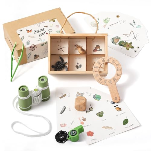 WOODEN TEETHER Forschersets für Kinder ab 3 Jahren, Entdecker Set Indoor und Outdoor Suchspiel für Garten, Strand, Wald, Lernspielzeug mit Lupe, Pinzette & Fernglas, Geschenk für Jungen und Mädchen