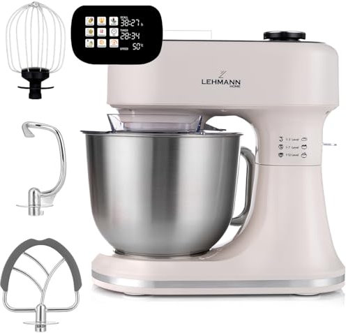 LEHMANN Impastatrice Planetaria con Display, 1500W, Funzione di Fermentazione e Riscaldamento, Bilancia Integrata, 12 Velocità, Timer, Ciotola 5 L, Accessori - Frusta, Gancio Impastare e Mescolatore