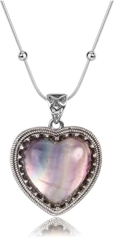 Jovivi Fluorite Heart Necklace for Women,Healing Crystal Gemstone Heart Pendant Vintage Silver Womens Ladies Necklace Jewellery Gifts for Women Mum Birthday