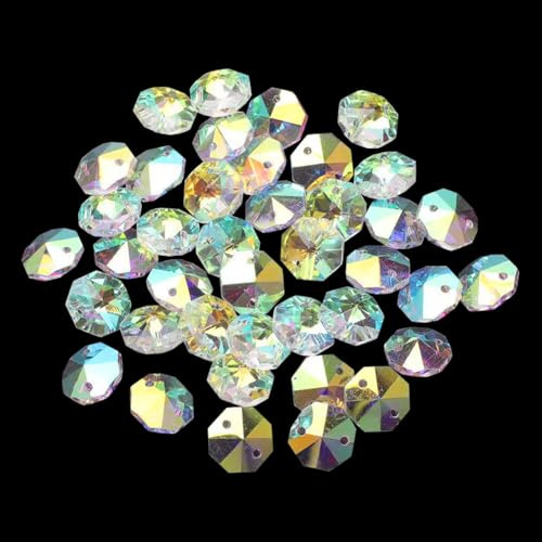 JIHUOO 200 Pcs 14 mm 2 Hole Crystal Prism Beads Small Crystal Suncatcher Beads Glass Faceted Bead Chandelier Replacement Crystals DIY Lamp Hanging Pendant Bead for DIY Arts Crafts Decoration AB Color