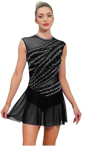 CHICTRY Abito da Pattinaggio Artistico sul Ghiaccio Donna Body Danza Balletto con Chiffon Gonna Leotards Danza Classica Strass Costume di Samba Rumba Salsa Nero M