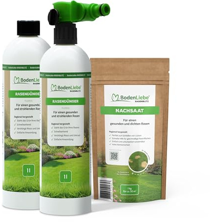 BodenLiebe Rasenretter Set RASENBLITZ 2 L Flüssigdünger | rette deinen Rasen schnell & einfach, mit Sprühflasche & 1 kg Nachsaat, sattes Grün in 1-2 Wochen, für 100-200 m²