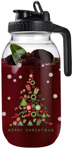 Mason Jar Pitcher, 63 OZ Glass Pitcher with Lid Double Leak-proof with Handle Water Jug Wide Mouth Breast Milk Pitcher Fridge Container for Water, Juice, Iced Coffee, Tea, Juice （Christmas tree）