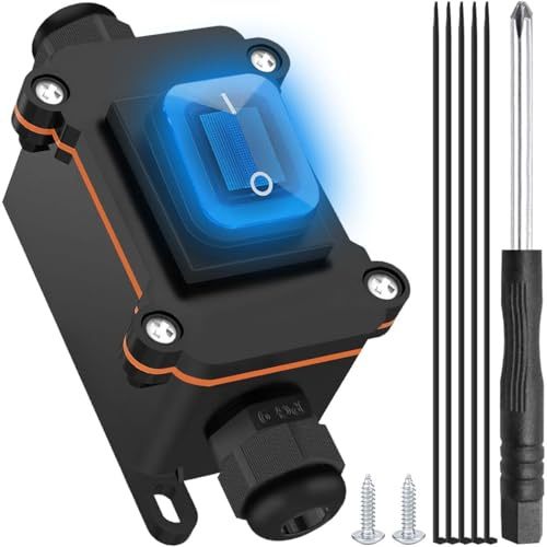 MKBKLLJY Inline-Schnurschalter IP66 wasserdicht DC 12V 20A EIN/AUS-Kippschalter 4-polig 2-Positionen-DPST mit blauer LED zweiseitige Ein-und Ausgangsleitung