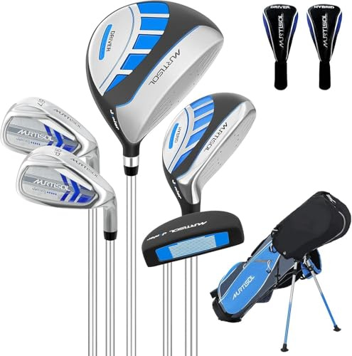 Juego de palos de golf para niños, juego de 6 piezas para niños de 4 a 12 años, incluye bolsa de soporte, unidad 1#, híbrido 5, 6/7#, 9/P # hierros y putter mano derecha para niños y niñas, azul