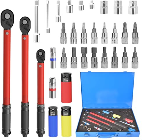 Juego de Llaves de Par 33 Piezas, 1/4 3/8 1/2, 2-230 Nm, Acero Cr-V, Precisión ±3%, 72 Dientes, Doble Escala – Incluye Adaptadores, Dados, Extensiones – para Coche, Moto, Bicicleta, Camión