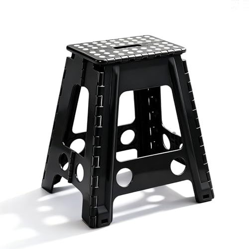 Taburete Escalón Plegable Portátil - Altura 45 cm - Soporta hasta 150 kg - con Asa para Llevar - Estable para Cocina, Baño, Habitación Infantil, Recibidor y Camping - Negro