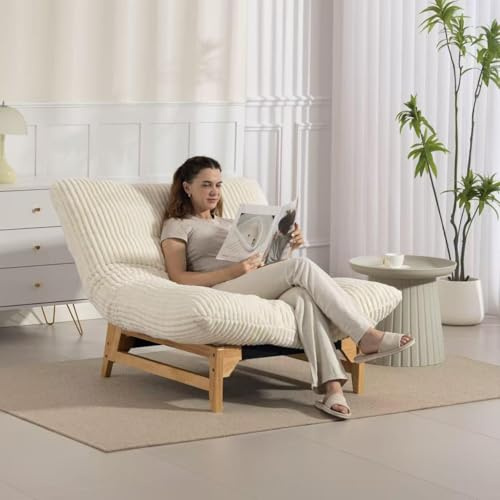 RAPRAP Cord Sitzsack Sofa mit Holzrahmen für Erwachsene, Groß Cloud Bean Bag mit Füllung, Bequemer Lesesessel für Wohnzimmer Schlafzimmer, XXL Sitzsack Sessel, 110cm, Beige
