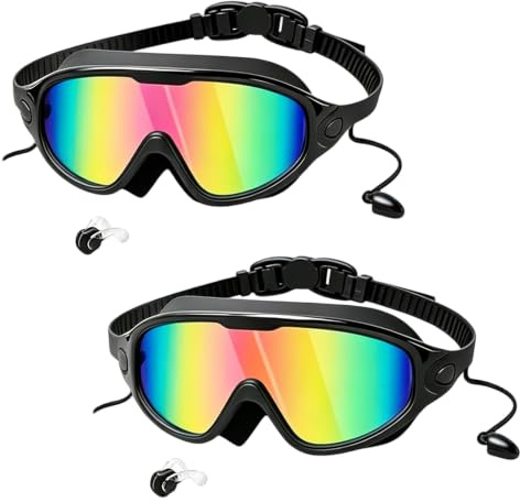 Occhialini da nuoto, 2 pezzi, maschera da sci, occhiali di protezione dalle radiazioni, occhiali da nuoto unisex con clip per il naso, anti perdite, antinebbia, protezione UV, panorama a 180°, fascia