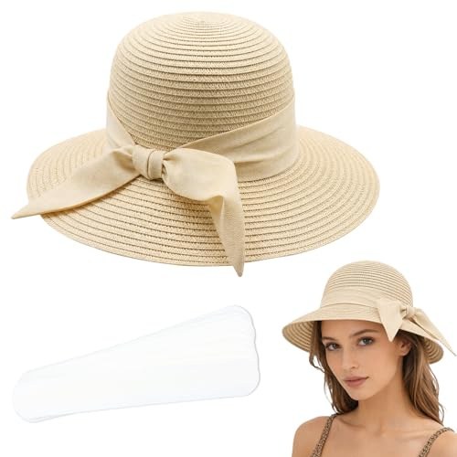 Celsano Klappbare Breitrand-Sonnenhut mit Schleife, Strohhut für Damen, Enthalten 10 Stück Schirmrand-Schutzaufkleber, Leicht und Verstellbar für Strand Urlaub Alltag