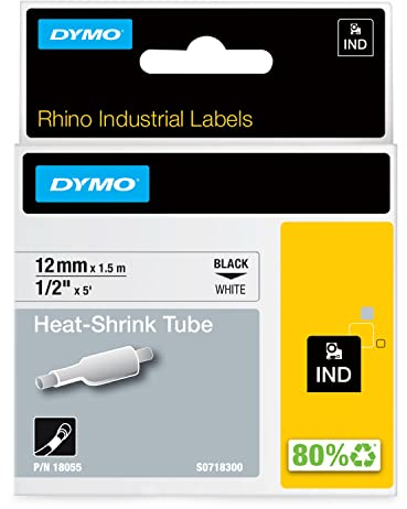 DYMO Rhino Industrie Schrumpfschlauch-Kabeletiketten | 12 mm1,5 m | Schwarz auf weiß | für DYMO Rhino Beschriftungsgerät