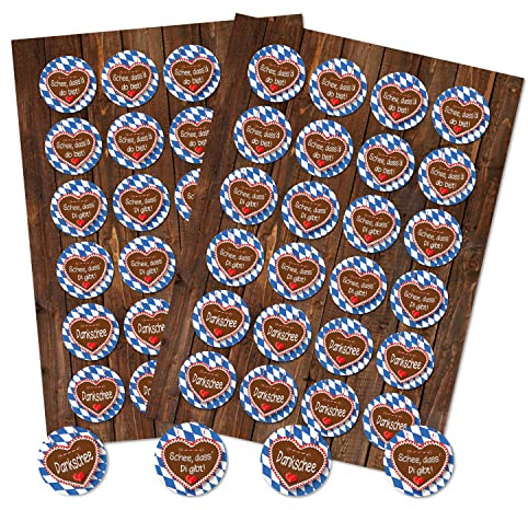Lebkuchenherz Aufkleber, 48er Set: Oktoberfest Sticker, Bayern Deko, Lebkuchenherzen Bayerisch, Für Karten, Gastgeschenke & Party, Wiesn Dekoration, Oktoberfestdeko Bayerisch, Dekoset, Ø 4 cm