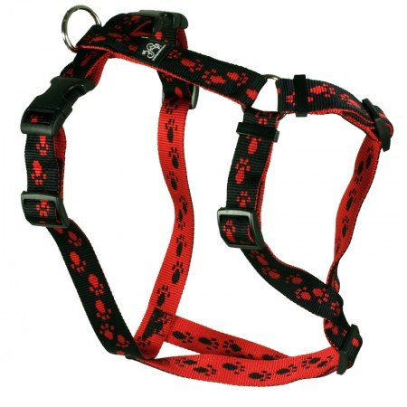 Feltmann Brustgeschirr Soft Nylonband, Schwarz, Rote Pfötchen, 50-65cm, 20mm