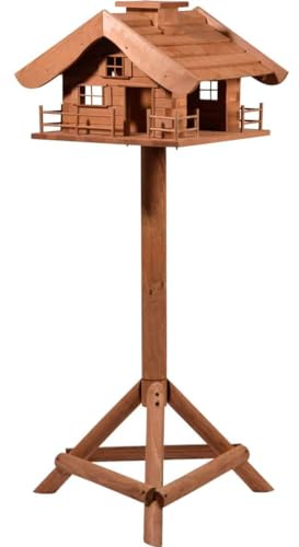 dobar® 98370e Design Fågelfoder, fjällstuga – XL fågelhus i stugdesign – fågelvilla av massivt trä – fågelmatningsstation inklusive stativ – stor foderdispenser – 66 x 136,5 cm – brun