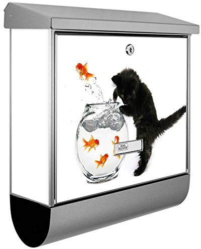 banjado® Burgwächter Briefkasten Edelstahl 38x39x12cm mit Motiv Katze Und Fisch / Briefkasten Edelstahl ohne Zeitungsfach/Briefkasten grau/Postkasten inkl. Montagematerial & 2 Schlüsseln