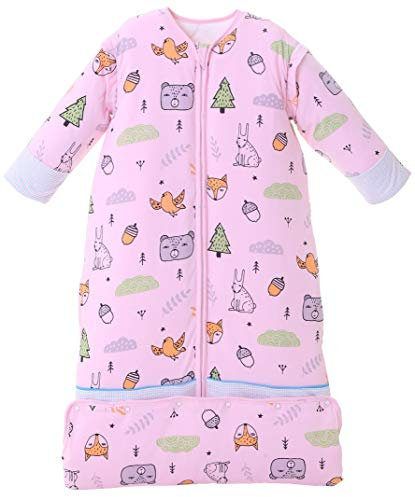 Chilsuessy Winter 2.5 Tog Kinder Schlafsack mit abnehmbaren Ärmeln Bio Babyschlafsack für Jungen und Mädchen von 1 bis 10 Jahre alt (M/Koerpergroesse 70-100cm, Rosa Zoo/Abnehmbar Füllung)