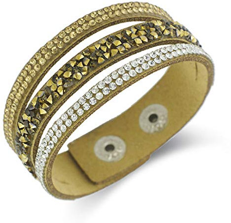 Generic Damen Lederarmband,Vintage Leder Geflochten Armreifen Crystal Stein Tasten Einstellbar Breite Goldene Bettelarmbänder Persönlichkeit Männer Jungen Frauen