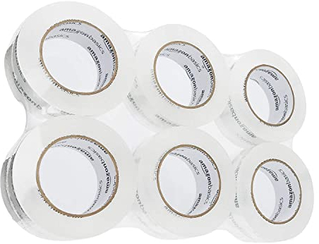 Amazon Basics Nastro da imballaggio, Larghezza standard: 4,7 cm W x 99,6 m, confezione da 6, Traslochi,Trasparente