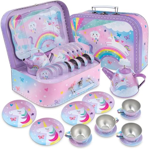 Jewelkeeper - Zinn Teeservice für Kinder und Tragetasche, Kindergeschirr Spielküche, 15-teilig - Zuckerwatte Einhorn Design