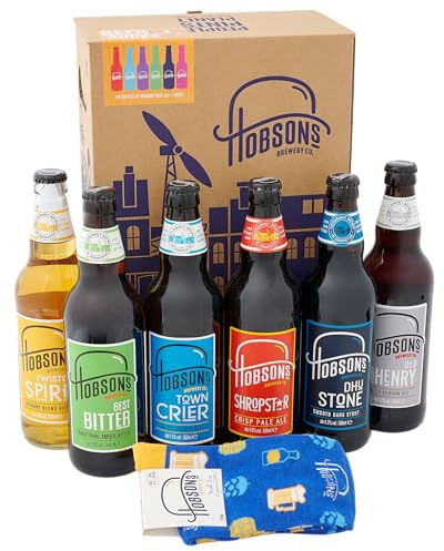 Hobsons Beer & Novelty Socks Gift Box Beer Hamper - Mixed Taster Selection Case - 6 x 500ml Bottles - Premium Beer by a Craft UK Brewery