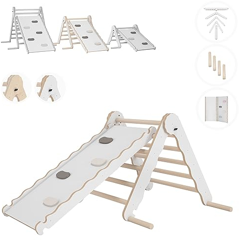 MAMOI® Triangolo con Scivolo in Legno Naturale per Bambini, Parete Arco Arrampicata per Uso Interno, Percorso Montessori a Partire da 1/2/3 Anni