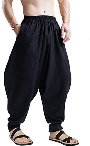 AITFINEISM Herrbyxor Med Dragsko Lässige Hippie Harem Byxor Löst Drop Crotch Byxor (4XL,Svart 2)
