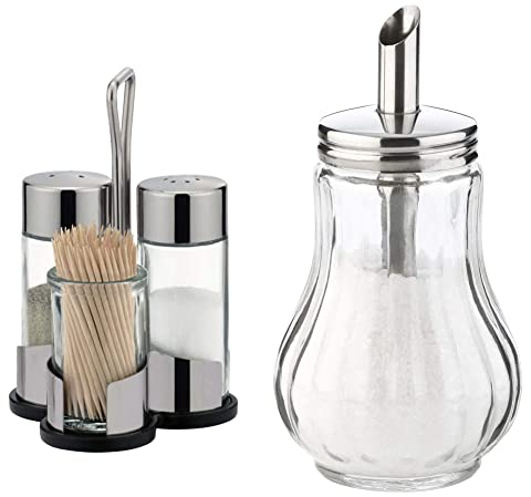Tescoma Salz-Pfeffer-Zahnstocher Set, Menage Set Profi & Zuckerstreuer aus Glas Edelstahl, ideal für weißer/brauner Zucker, 150 Ml