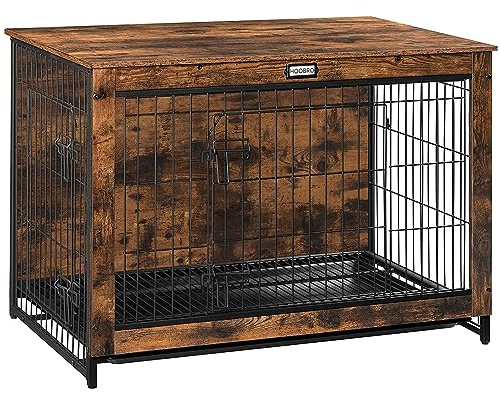 HOOBRO Dog Crate Furniture, 38.6 Large Dog Kennel Indoor, Wooden Cage with Pull-Out Tray, Double Doors Pet House Side End Table for Large/Medium/Small Dogs, Rustic Brown BF982GW03G1