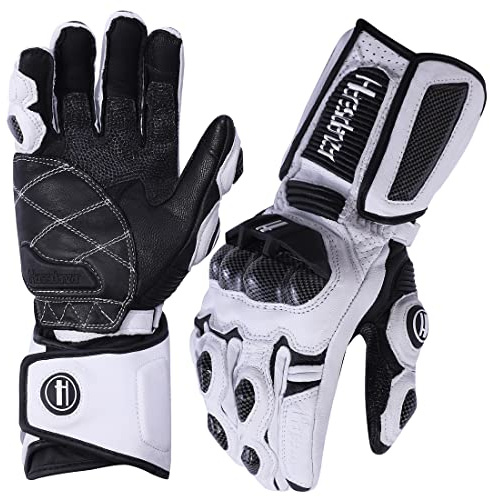Harssidanzar Men and Women Leather Motorbike Motorcycle Gloves,Powersports Carbon Fiber Knuckle Protection Motorcycles Gloves KM045,White/Black, Size XL