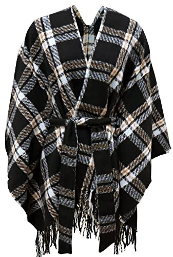 Poncho Damen Herbst-Winter-Warmer Mode-Schal der Frauen Strickjacke mit Fransen für Damen Drucken Front Poncho V-Tie Belt Cape(Schwarz)
