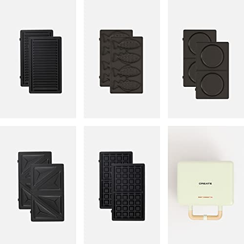 CREATE/STONE STUDIO/Sandwichera-Grill y gofrera doble verde / 5 placas intercambiables: Grill, Gofre, Sandwich, Taiyaki y Tortitas, antiadherente, apertura 100º, autoapagado, retro, 800W