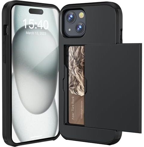 ACOCOBUY for iPhone 15 Case with Card Holder Sliding Cover Hidden Pocket IDs Credit Cards Slot Heavy Duty Shockproof Protective Dual Layer Wallet Phone Cover Back Shell for Men Women 6.1 inch Black