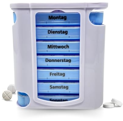 LisaCare Pillendose 7 Tage 4 Fächer BPA frei - Medikamentenbox 7 Tage - Tabletten Organizer - Tablettenbox 7 Tage perfekt für Einnahme von Medikamenten & Nahrungsergänzungen