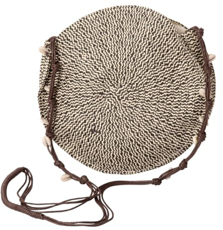 Macosa AS6953/s Umhängetasche rund Beige Schwarz Papiergeflecht 24 cm Strandtasche Handtasche Sommertasche mit Muscheln Damen Tasche Henkeltasche Schultertasche