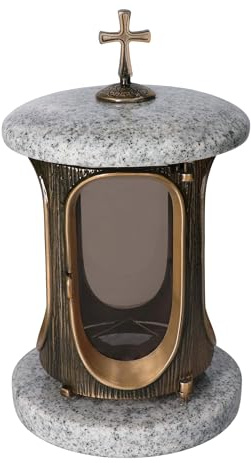 Grablaterne Granit Viscont White Höhe 23 cm/Ø 15 cm Stilvolle Granitlaterne Elegant Grablampe Grablicht Grableuchte Bronze mit sockel