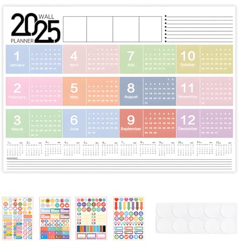 KOLZEMV Planificador anual calendario de pared calendario pared 2025 plegado en tamaño póster. Formato horizontal, doblado, planificador de pared, calendario anual, calendario de carteles