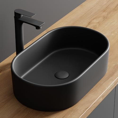 Planetmöbel Aquil Elegant Waschbecken Oval | Aufsatzwaschbecken für Badezimmer und Gäste-WC | Handwaschbecken ohne Hahnloch und Überlauf | Schwarz, 55 x 34 x 14 cm