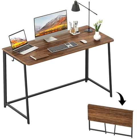 WOHOMO - Escritorio plegable, de 120 cm, mesa de computadora plegable para dormitorio, mesa de escritura para computadora que ahorra espacio para oficina en casa, fácil de montar, nogal