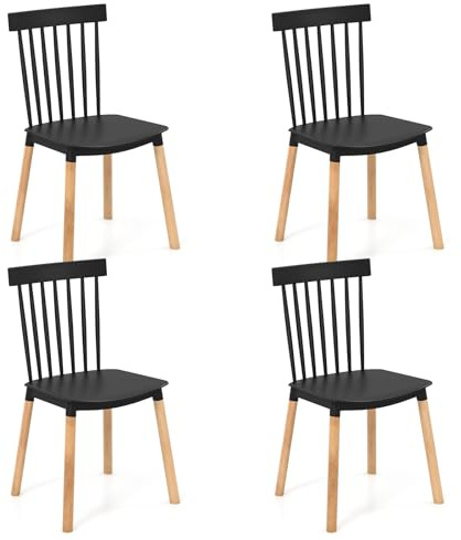 COSTWAY Windsor Dining Chairs Set of 4, Black, Solid Wood Legs, Spindle Back, Curved Seats, Non-slip Footpads, Armless, 48 x 52 x 83 cm (L x W x H), for Adults, Indoor Use