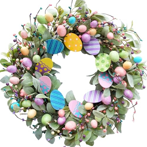 CIR OASES 20-inch Summer Easter Egg wreath Summer artificial rabbit ear leaf Egg Colorful wreath Front door porch Farmhouse Patio Decoration Easter Holiday celebration party decoration
