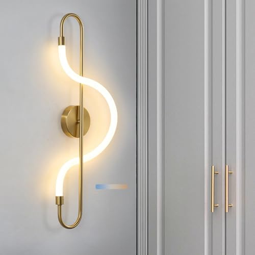TZSMUM LED Wandbeleuchtung Modern Innen Wandleuchten Dimmbar 2700K/4500K/6500K Wandlampe Gebogene Design Wandleuchte Eisen Acryl für Schlafzimmer Treppenhaus Wohnzimmer (Gold Rechts,66cm)