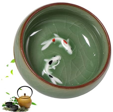 NASSMOSSE Tasse de thé chinois 2,56x1,18 pouces 2 oz..La tasse de thé céladon chinois à long quan propose des motifs de crépitements naturels kung fu cartonnes avec du poisson koi vif