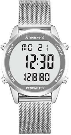Hearkent digitala klockor för män, vattentät klocka med stegräknare, larm kalori, avstånd, larm, nedräkning, rostfritt stål armband (silver)