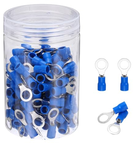 sourcing map 150 terminali ad anello isolati RVS2-6, capicorda per batteria, 16-14 AWG, terminali elettrici a crimpare, connettori per cavi industriali, elettrici, blu